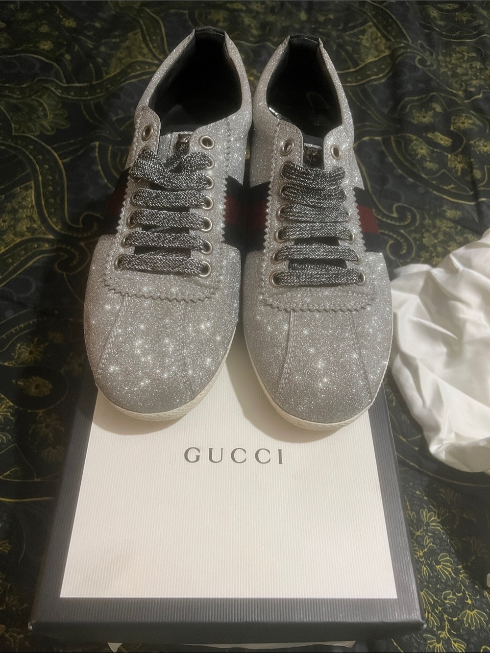 Gucci Silver Glitter Low-Top Sneakers with Red and Blue Web
